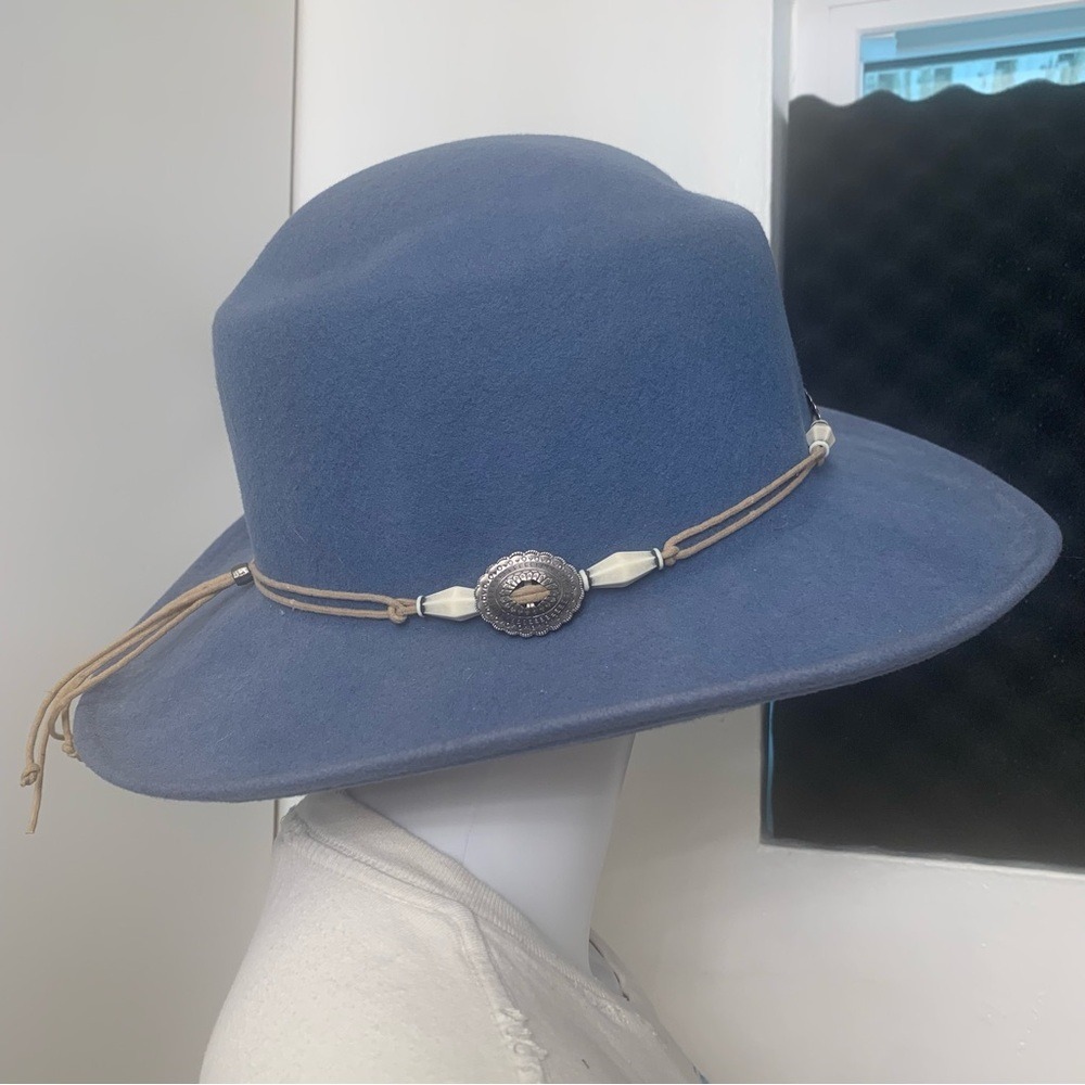 Woolmark Wool Felt Wide Brim Hat Unisex Blue Excellent Western Concho Boho USA - Picture 4 of 10